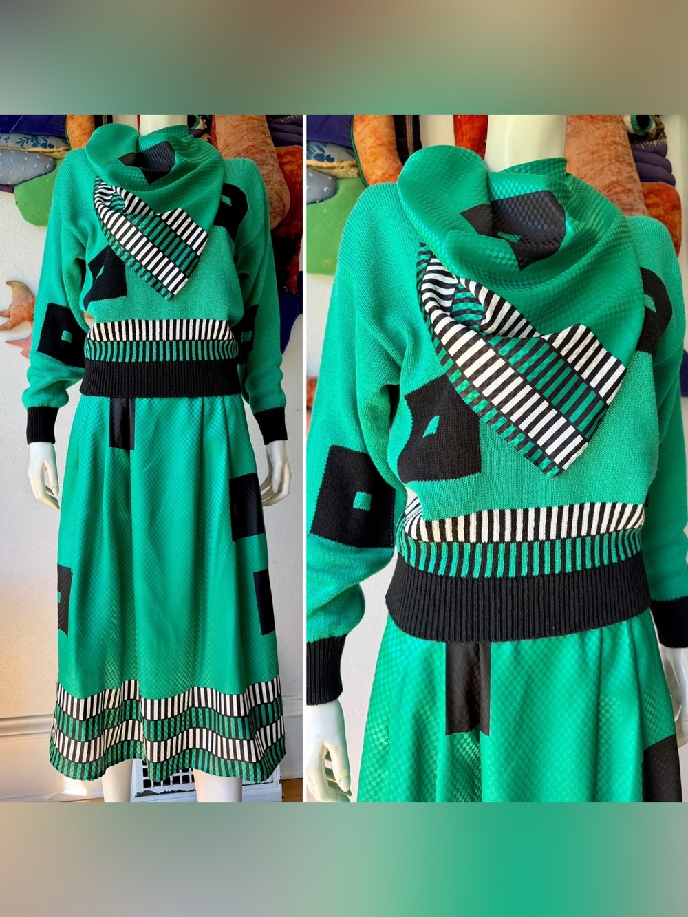 Vintage 1980s 90s SKIRT & SWEATER SET Jaymee Papell Office Secretary Green Black